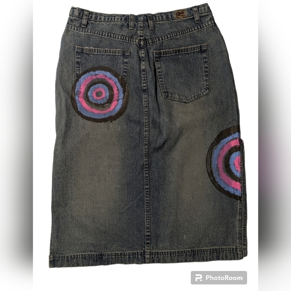 Vintage 90s Lady Enyce Denim Midi Skirt Y2K Painted Graphic Streetwear Size 8 - Picture 2 of 6